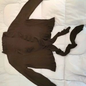 Women's black sweater cardigan with ruffle ties